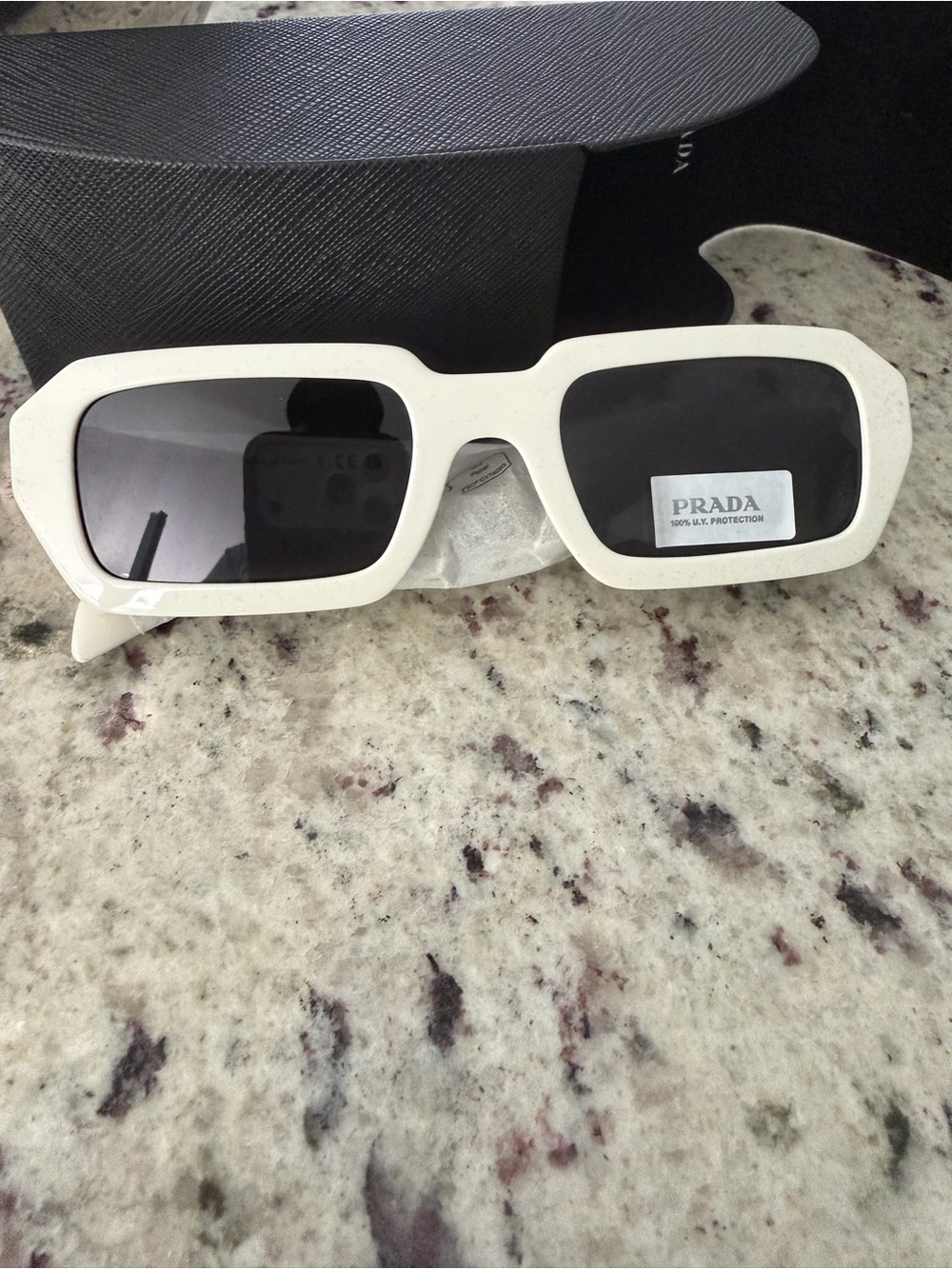 Prada White Rectangular Sunglasses with Black Lenses